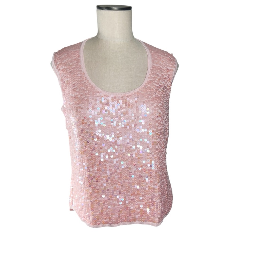 Bloomingdale's Powder Pink Sequin Silk Sleeveless Sweater Sz XL EUC Soft Girl